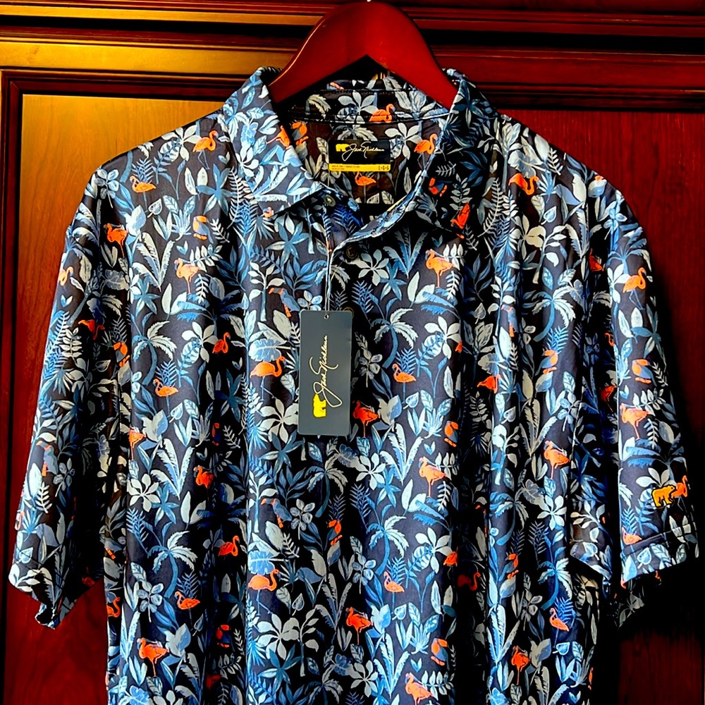 New Jack Nicklaus Sun Protection UPF Floral design Blue &Coral Stretch Golf Polo
